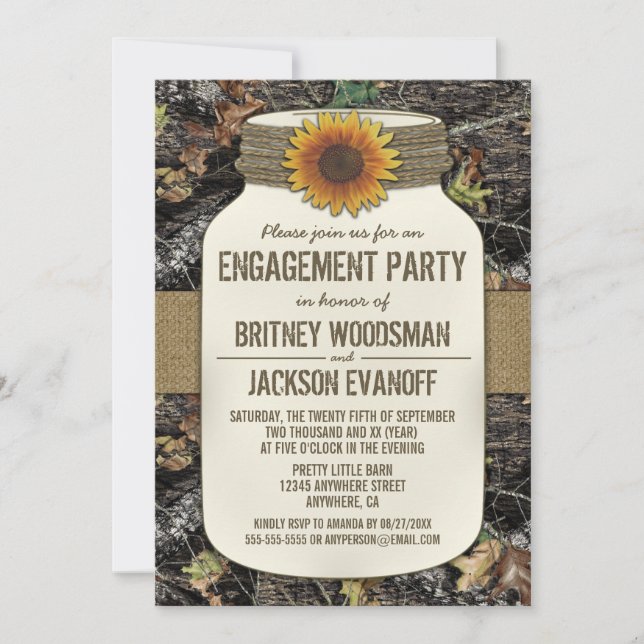 Country Mason Jar Camo Engagment Party Invitations (Front)