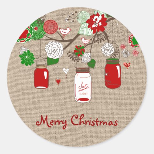 Country Mason Jar Christmas Sticker on faux Burlap