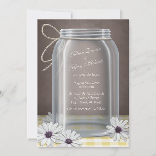 Country Mason Jar Daisy Yellow Brown Wedding Custom Invitation