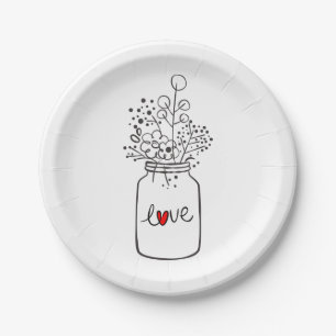 Country Mason Jar Floral Black White Wedding Party Paper Plates