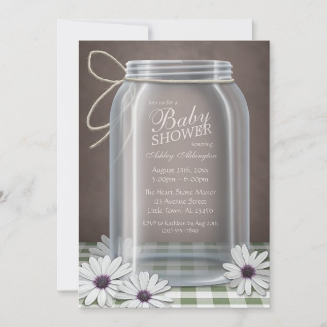 Country Mason Jar Green Gingham Baby Shower Invitation (Front)