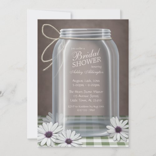 Country Mason Jar Green Gingham Bridal Shower Custom Invite