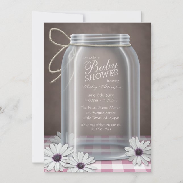 Country Mason Jar Pink Gingham Baby Shower Invitation (Front)