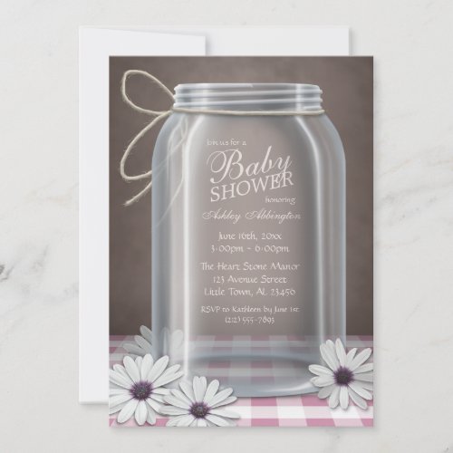 Country Mason Jar Pink Gingham Baby Shower Personalized Announcement
