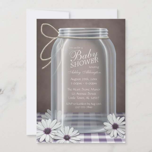 Country Mason Jar Purple Gingham Baby Shower Invitation (Front)