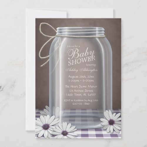 Country Mason Jar Purple Gingham Baby Shower Custom Announcement
