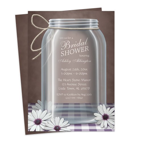 Country Mason Jar Purple Gingham Bridal Shower Invitation