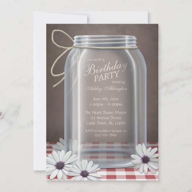 Country Mason Jar Red Gingham Birthday Party Invitation (Front)