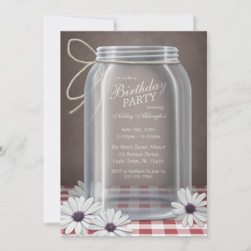 Country Mason Jar Red Gingham Birthday Party Personalized Invitation