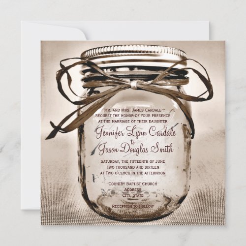 Country Mason Jar Rustic Square Wedding Invitation