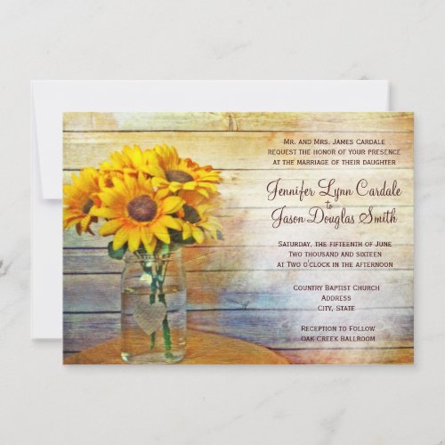 Country Mason Jar Sunflower Wedding Invitations