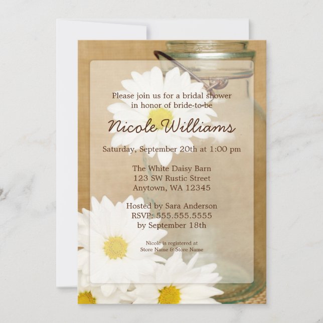 Country Mason Jar White Daisies Bridal Shower Invitation (Front)