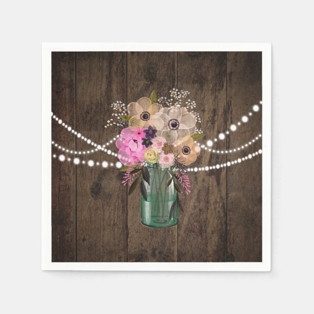 Country Mason Jar Wood Flower Wedding Reception Paper Napkins (Front)