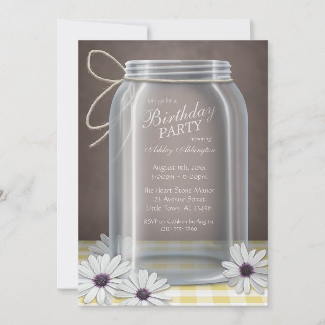 Country Mason Jar Yellow Gingham Birthday Party Invitation (Front)