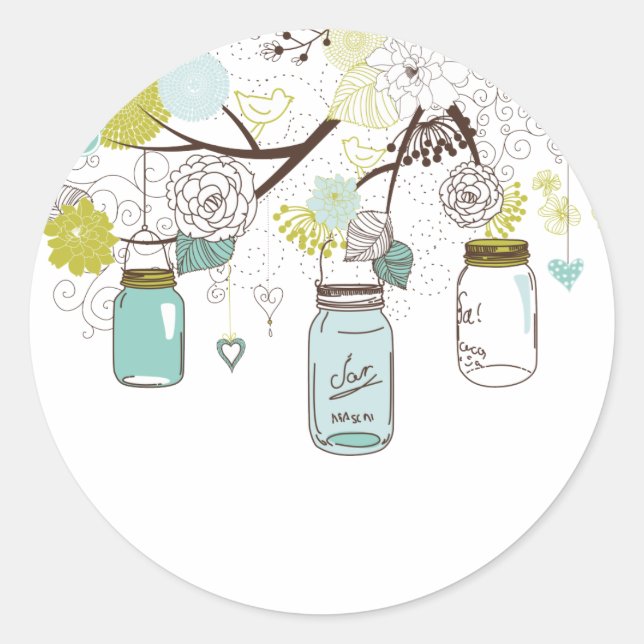 Country Mason Jars Blue Flowers Classic Round Sticker (Front)