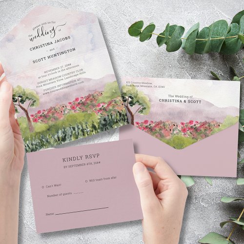 Country Meadow Dusty Rose Watercolor Wedding All In One Invitation