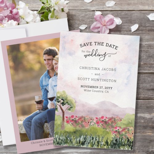 Country Meadow Watercolor and Vertical Photo Save The Date