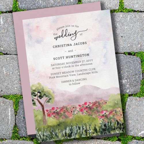 Country Meadow Watercolor Dusty Rose Wedding Invitation