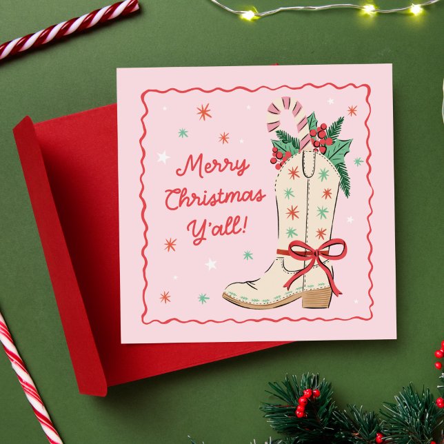 Country Merry Christmas Y'all Cowboy Boot  Holiday Card (cute country Christmas greeting card with cowboy boot)