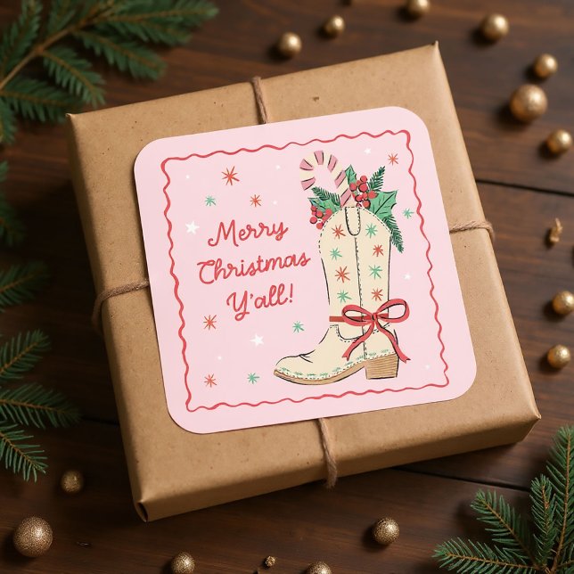 Country Merry Christmas Y'all Cowboy Boot  Square Sticker ("merry Christmas y'all" gift stickers with hand-drawn cowboy boot)
