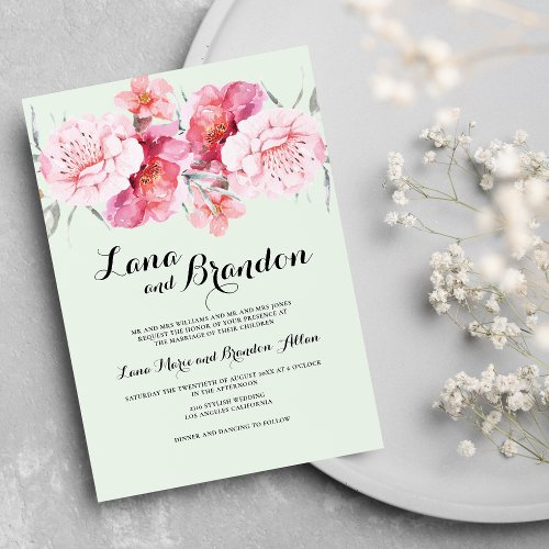 Country mint green pink coral floral wedding invitation