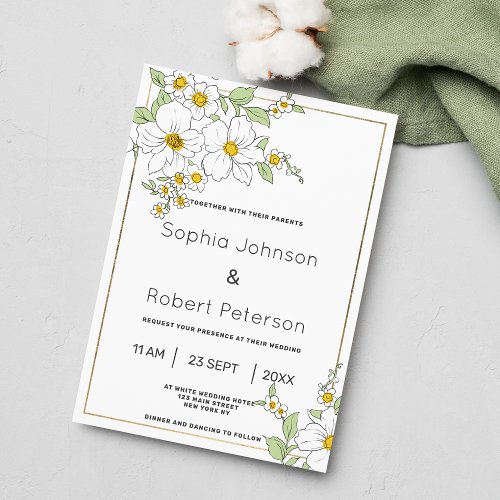 Country mint green yellow white floral wedding invitation