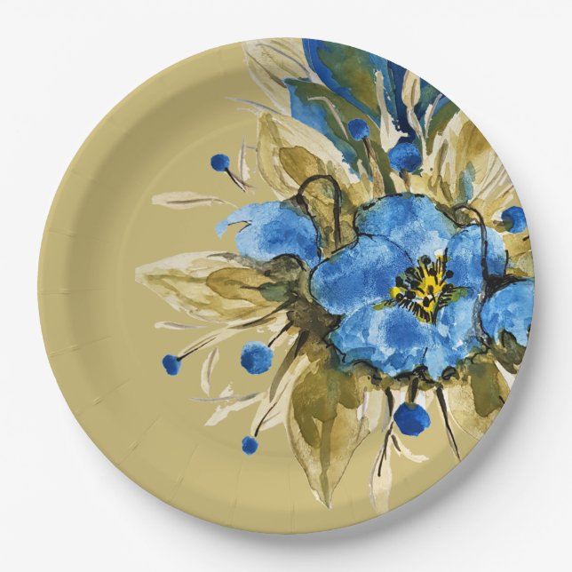 Country Modern Blue Floral  Paper Plates (Front)