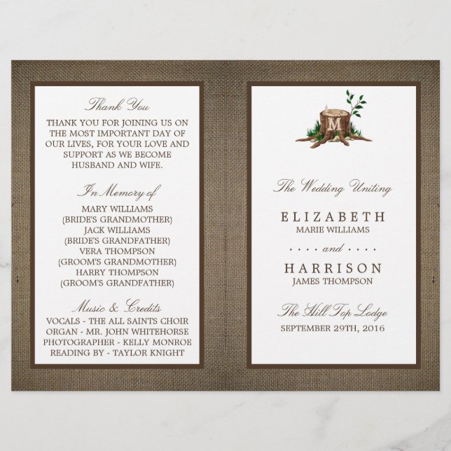 Country Monogram Tree & Burlap Wedding Program (Front)