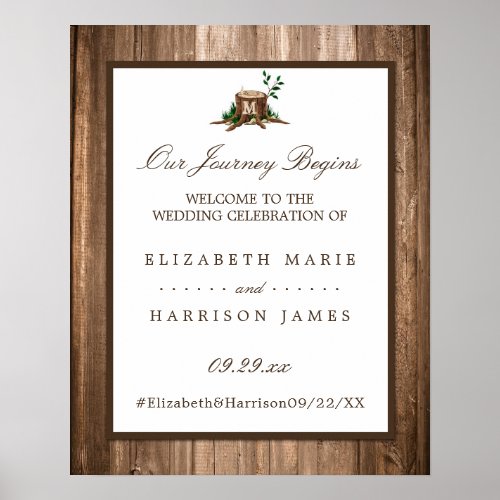 Country Monogram Tree  Wood Wedding Welcome Poster
