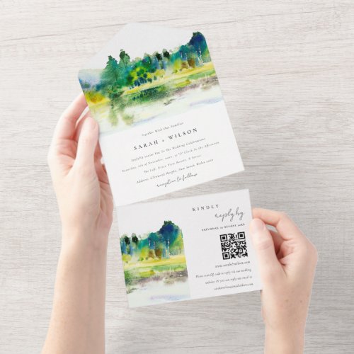 Country Mountains River Landscape Wedding QR Code All In One Invitation