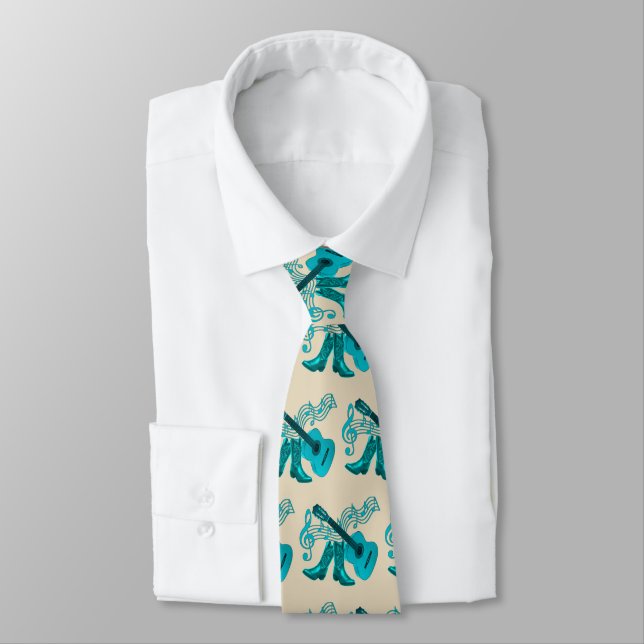 Country Music Blue Guitar Cowboy Boots Neck Tie (Tied)