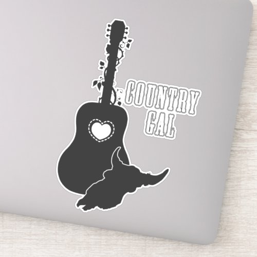 Country Music Gal Cow Skull Rose Acoustic Guitar Sticker