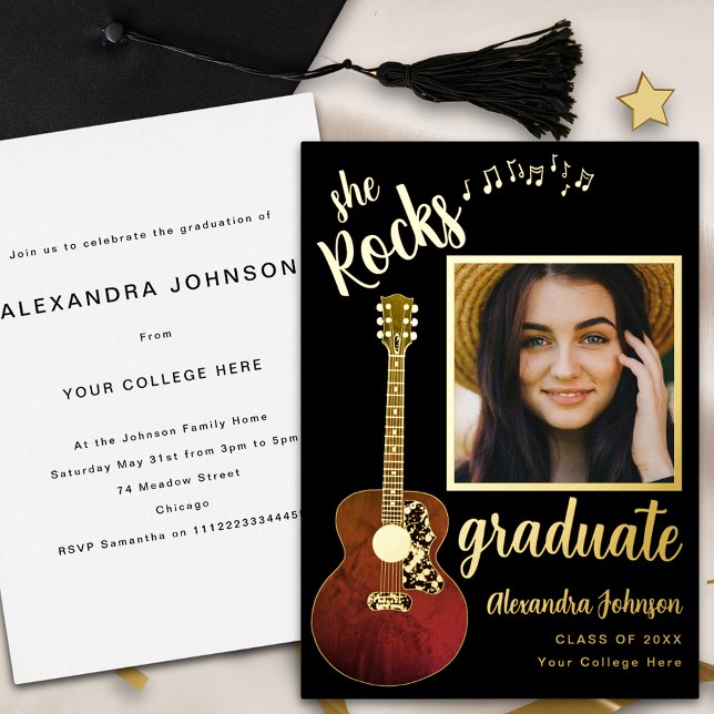 Country Music Graduate Party Script Black and Gold Foil Invitation (Fun modern black and gold foil script graduate photo country music theme graduation party invitation)