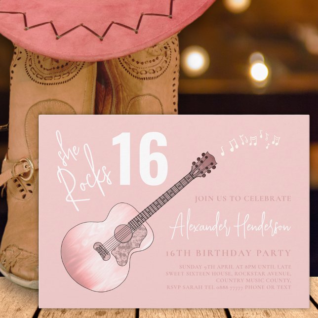 Country Music Guitar 16th Birthday Party Pink Invitation (16th birthday party pink country guitar music invitation )