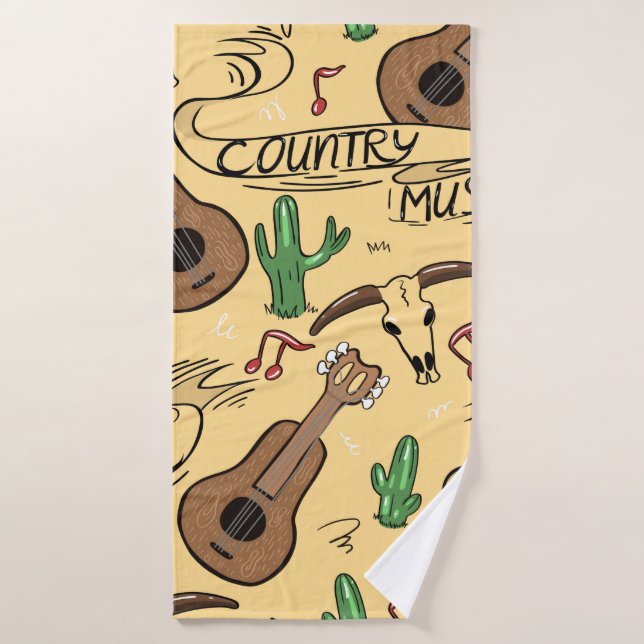 Country music seamless pattern with guitars, cacti bath towel (Bath Towel)