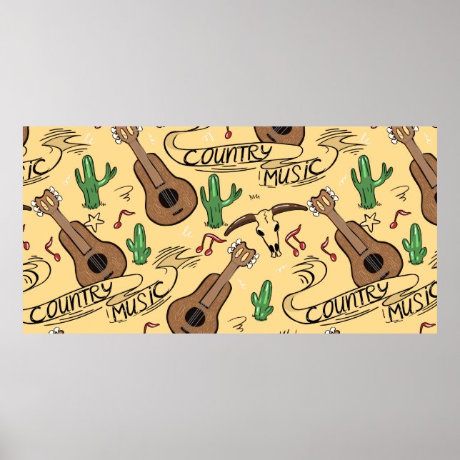 Country music seamless pattern with guitars, cacti poster (Front)