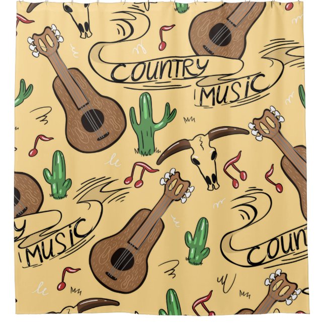 Country music seamless pattern with guitars, cacti shower curtain (Front)