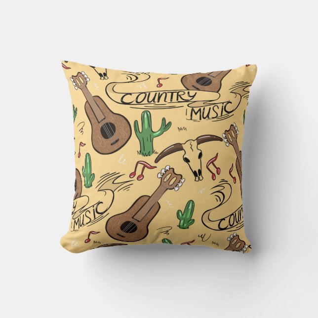 Country music seamless pattern with guitars, cacti throw pillow (Front)