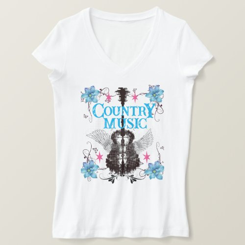 Country Music Turquoise Flowers Guitar Angel Wings T_Shirt