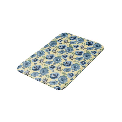 Country Navy Blue And White Floral Pattern Yellow Bath Mat