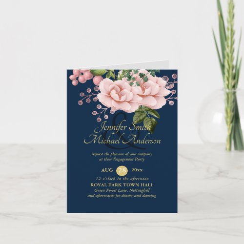Country Navy Blue Blush Pink Roses Gold ENGAGEMENT Note Card