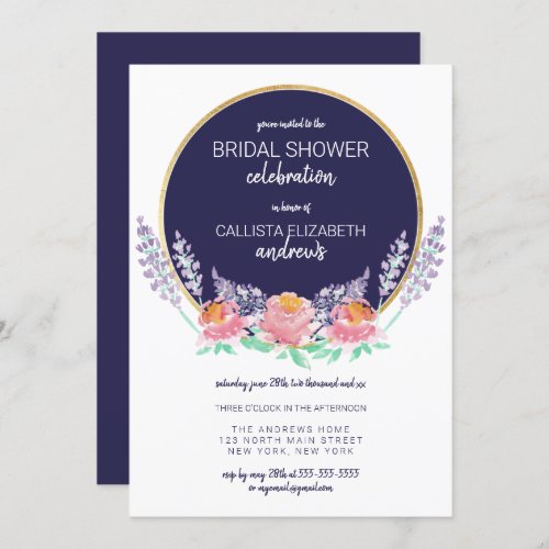 Country Navy Pink Lilac Wild Flower Bridal Shower Invitation