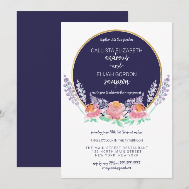 Country Navy Pink Lilac Wild Flower Engagment Invitation (Front/Back)