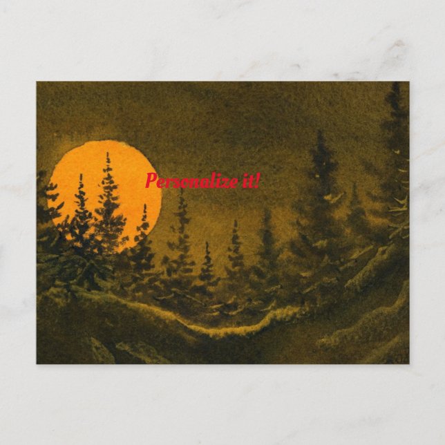 Country night landscape; hunter's or harvest moon holiday postcard (Front)