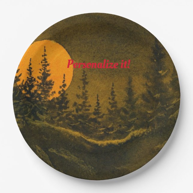 Country night landscape; hunter's or harvest moon paper plates (Front)
