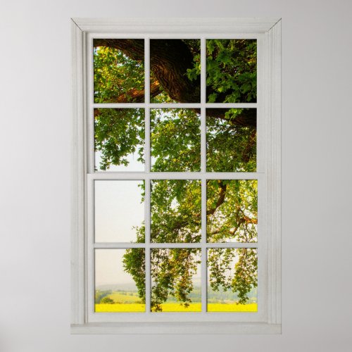 Country Oak Tree Window with a View Illusion Poster
