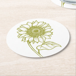 Country Olive Green Sunflower Fall Floral Wedding Round Paper Coaster