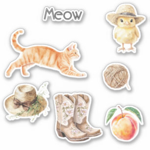 Country Orange Cat Peach Chick Boots Yarn Hat Sticker
