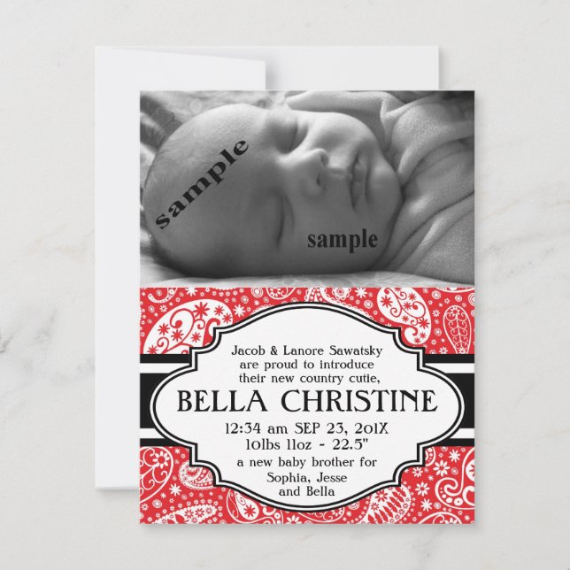 Country Paisley New Baby Girl birth Announcement (Front)