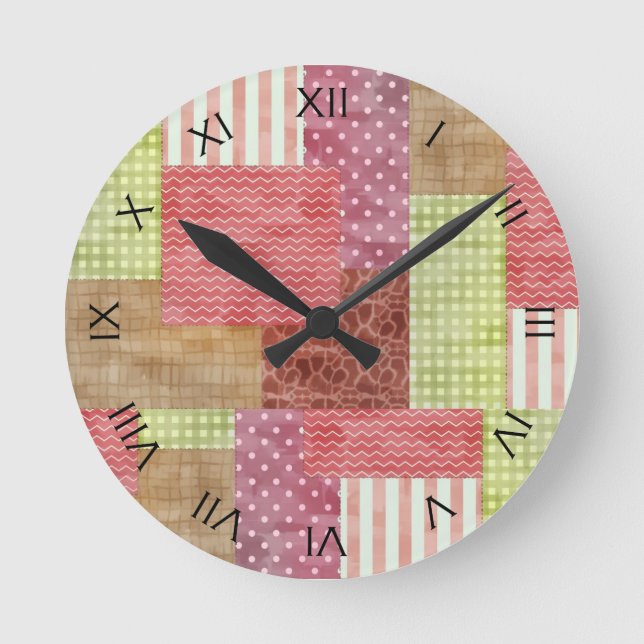 Country Patchwork Chic Pattern Quiltblocks Round Clock (Front)